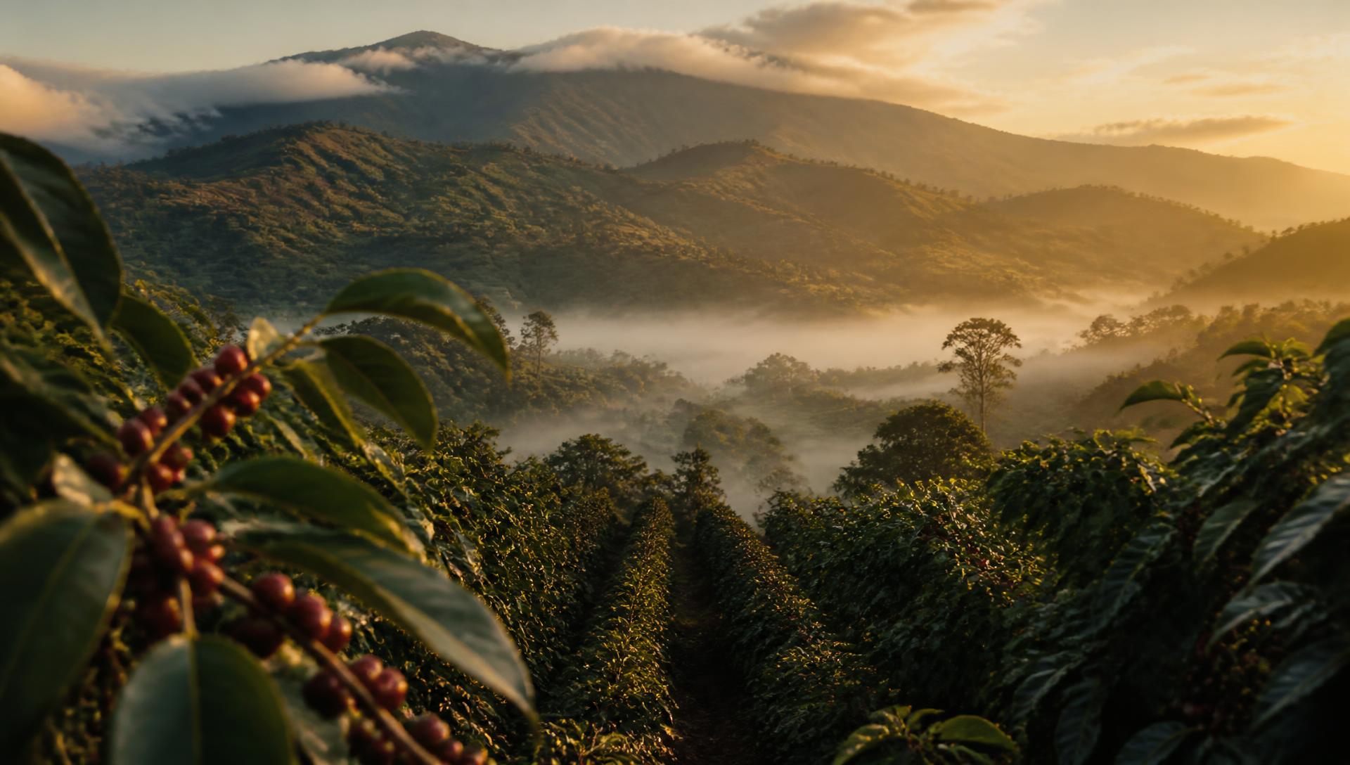 Coffee plantation in the highlands at sunrise
